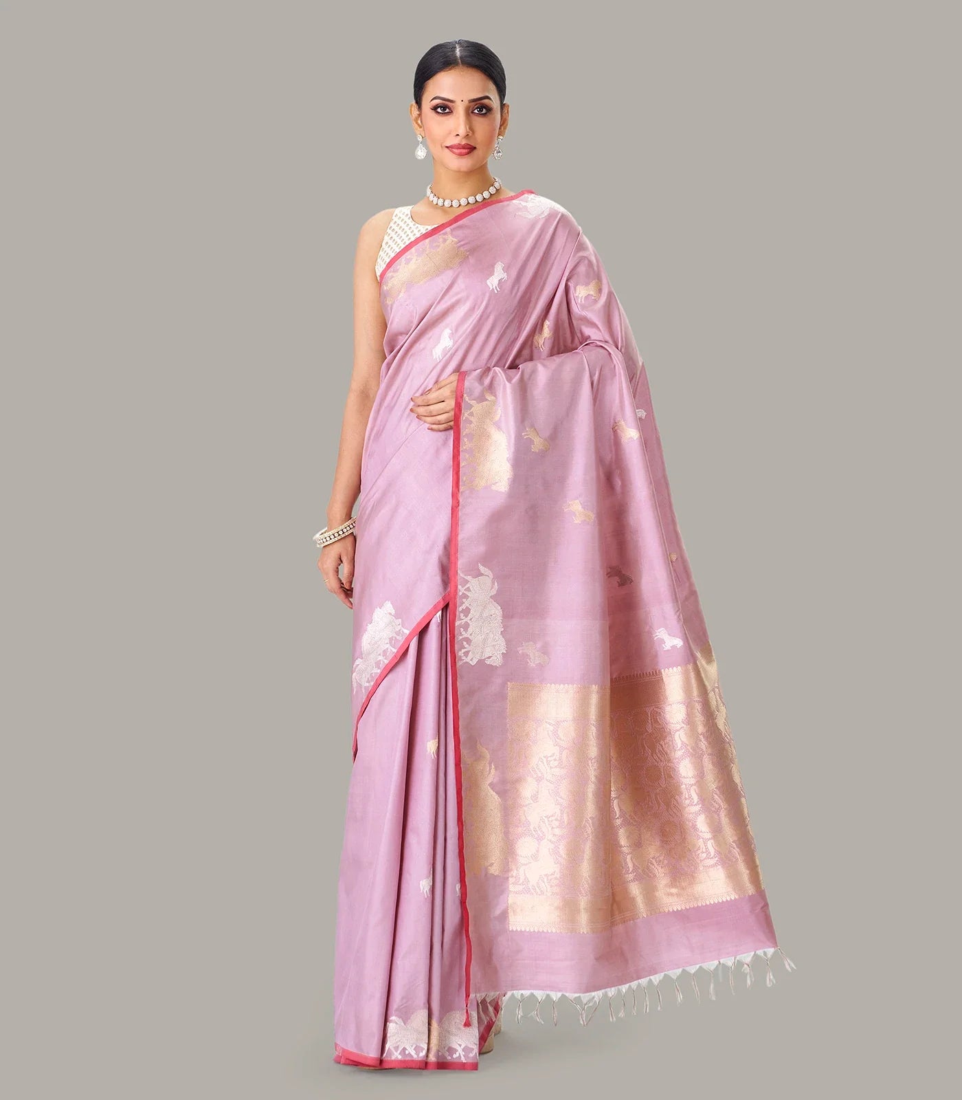Dusty Pink Handloom Banarasi Silk Saree With Horse Buttas