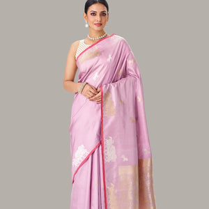 Dusty Pink Handloom Banarasi Silk Saree With Horse Buttas