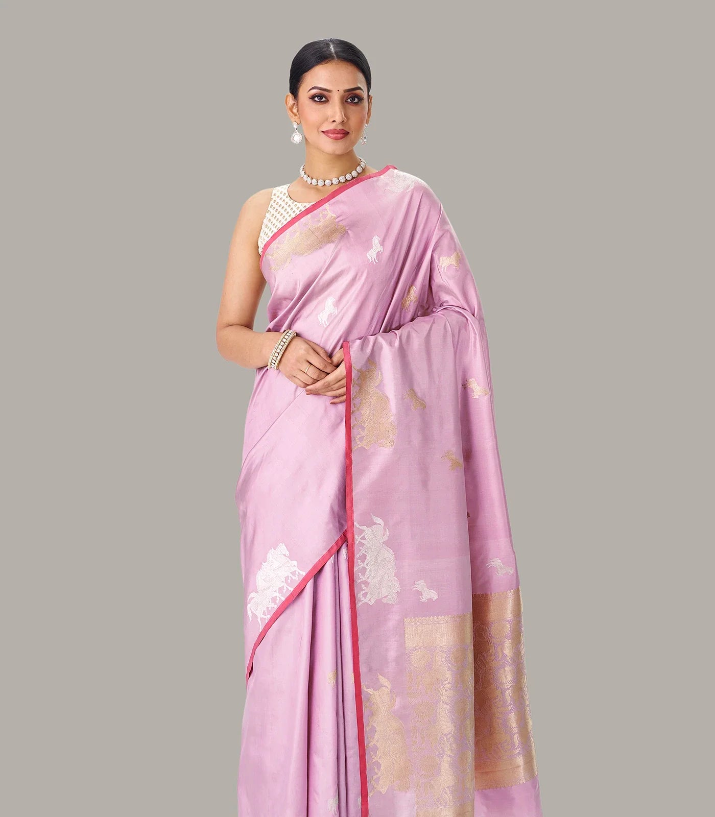 Dusty Pink Handloom Banarasi Silk Saree With Horse Buttas