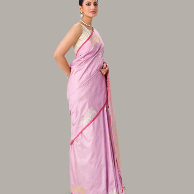 Dusty Pink Handloom Banarasi Silk Saree With Horse Buttas