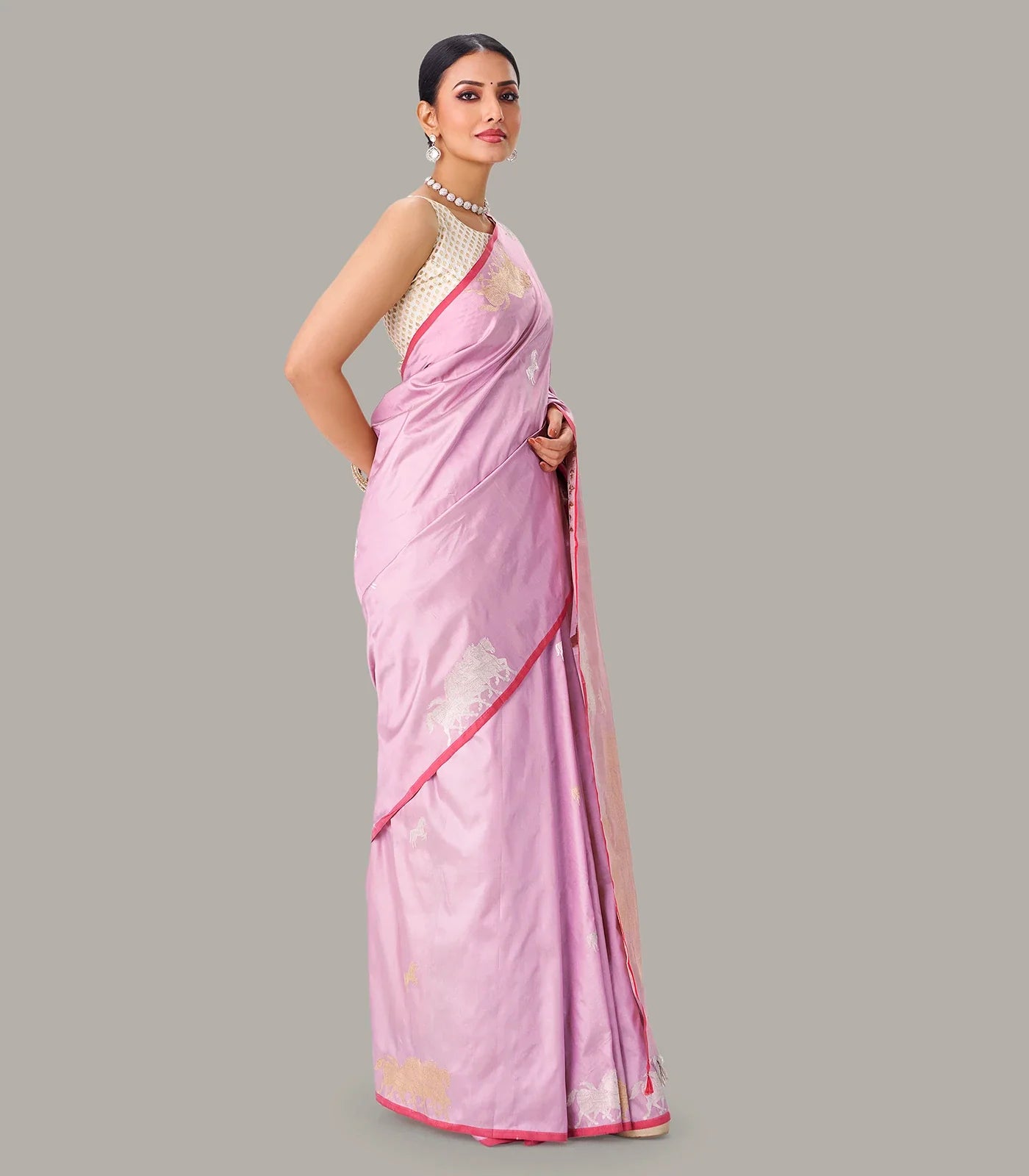 Dusty Pink Handloom Banarasi Silk Saree With Horse Buttas