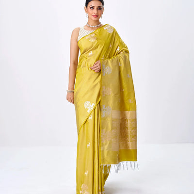 Gold Handloom Banarasi Silk Saree With Deer Buttas