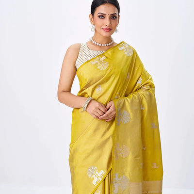 Gold Handloom Banarasi Silk Saree With Deer Buttas