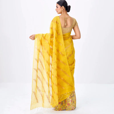 Yellow Handloom Tussar Silk Saree Is Partly Printed With Floral Motifs