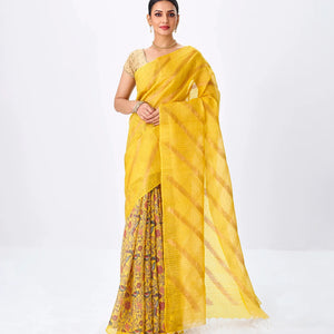 Yellow Handloom Tussar Silk Saree Is Partly Printed With Floral Motifs