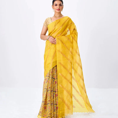 Yellow Handloom Tussar Silk Saree Is Partly Printed With Floral Motifs