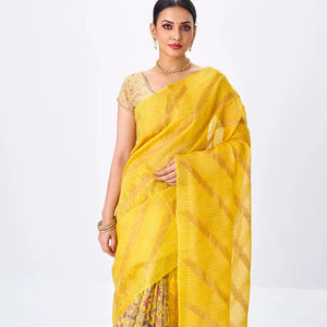 Yellow Handloom Tussar Silk Saree Is Partly Printed With Floral Motifs