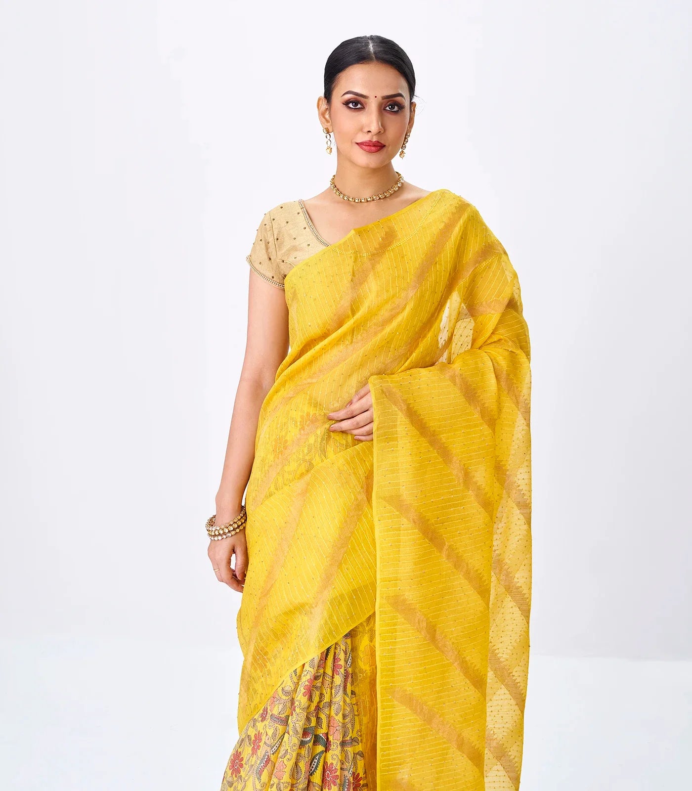 Yellow Handloom Tussar Silk Saree Is Partly Printed With Floral Motifs