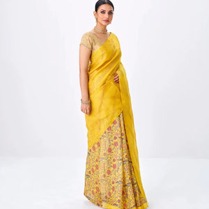 Yellow Handloom Tussar Silk Saree Is Partly Printed With Floral Motifs