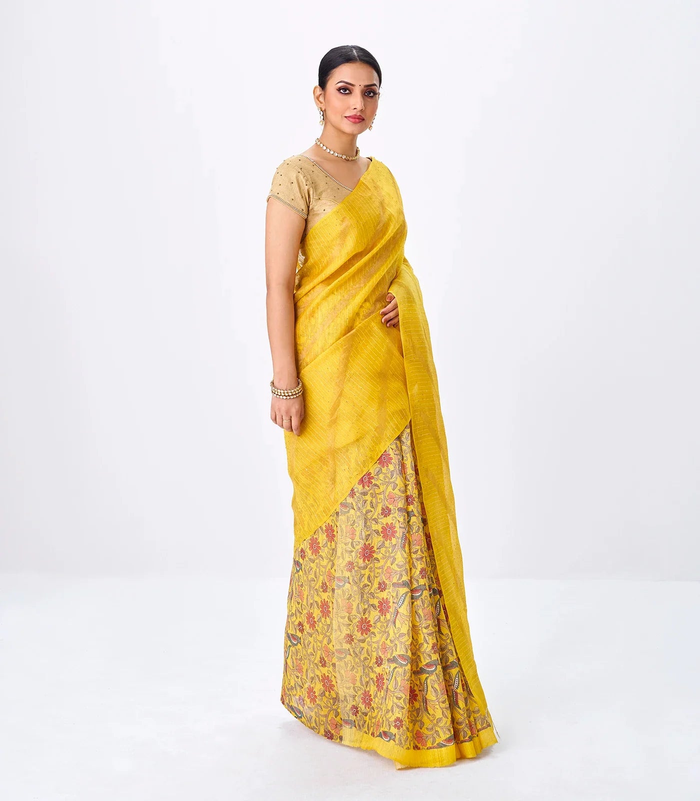 Yellow Handloom Tussar Silk Saree Is Partly Printed With Floral Motifs