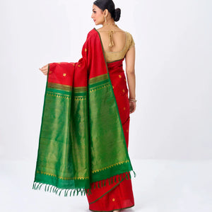 Crimson Handloom Kanchipuram Silk Saree With Annam Buttas & Checks-Crimson