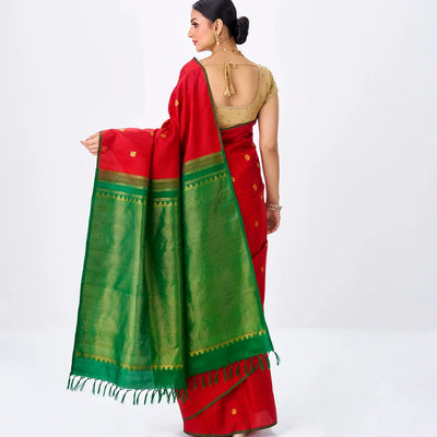 Crimson Handloom Kanchipuram Silk Saree With Annam Buttas & Checks-Crimson