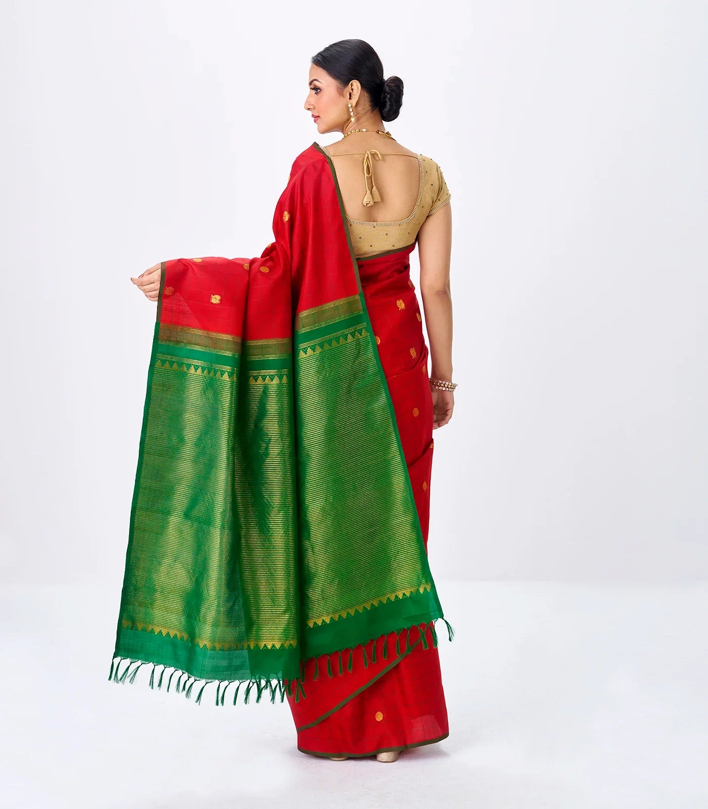 Crimson Handloom Kanchipuram Silk Saree With Annam Buttas & Checks-Crimson