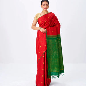 Crimson Handloom Kanchipuram Silk Saree With Annam Buttas & Checks-Crimson