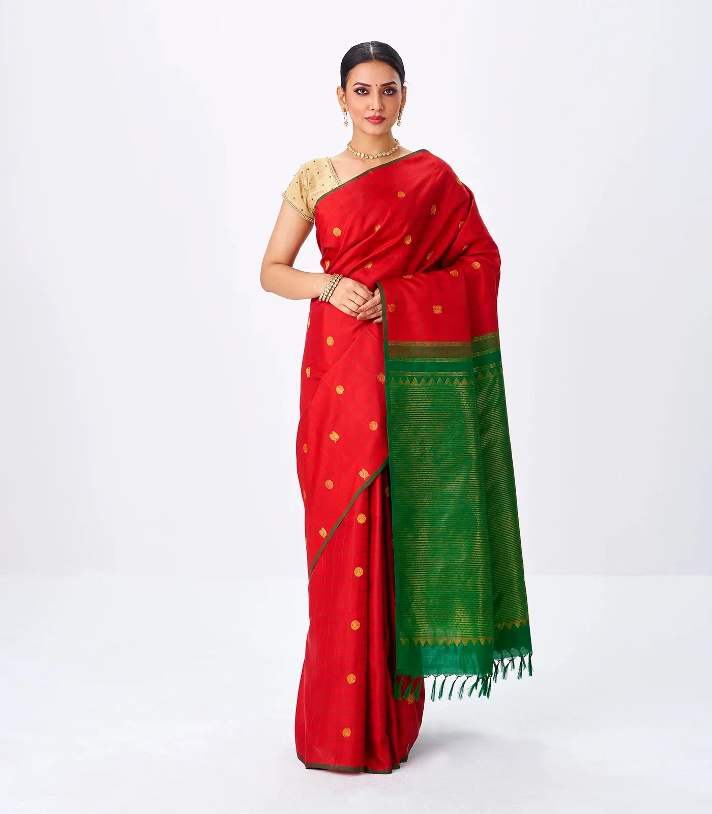 Crimson Handloom Kanchipuram Silk Saree With Annam Buttas & Checks-Crimson