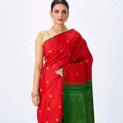 Crimson Handloom Kanchipuram Silk Saree With Annam Buttas & Checks-Crimson