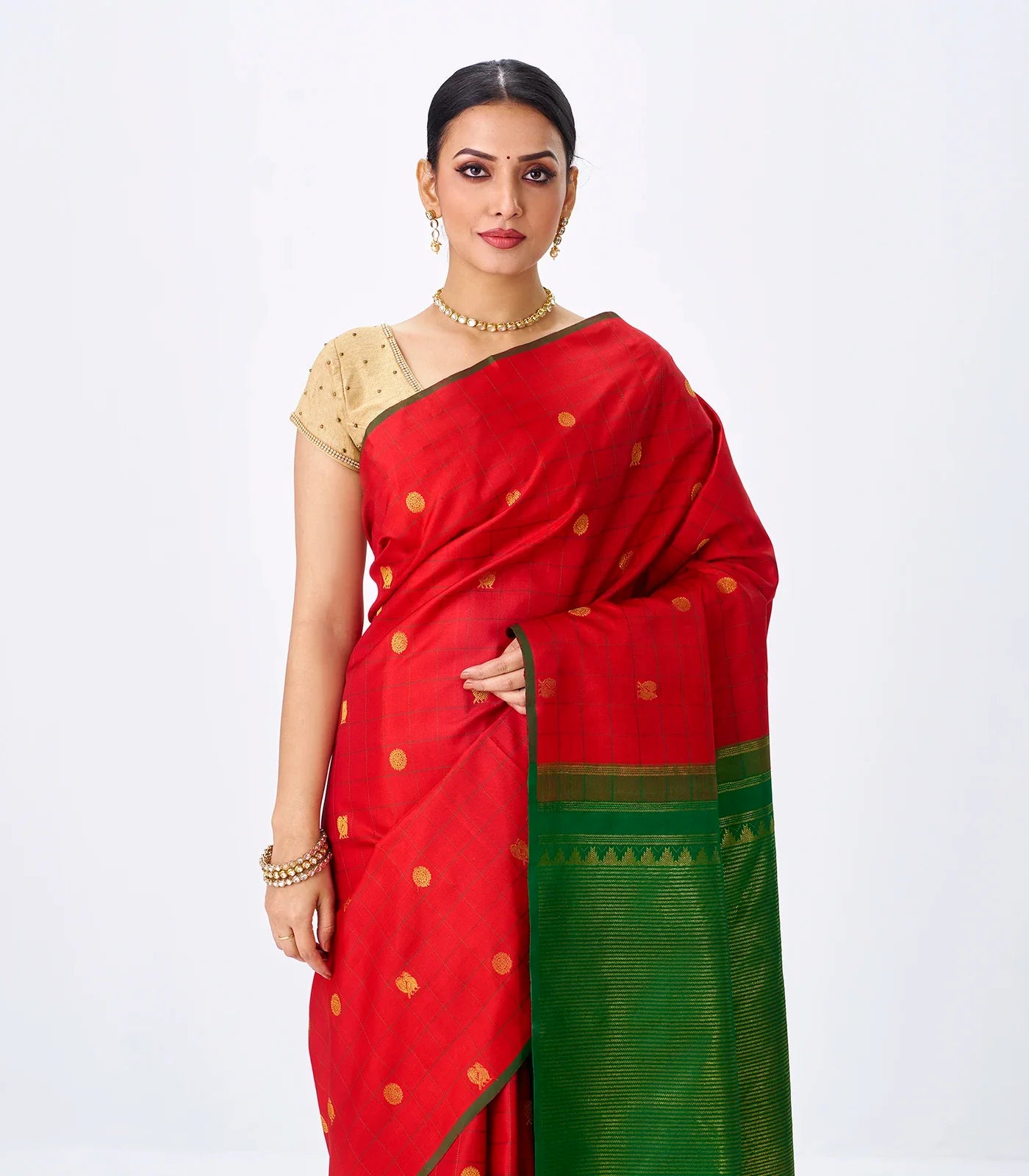 Crimson Handloom Kanchipuram Silk Saree With Annam Buttas & Checks-Crimson