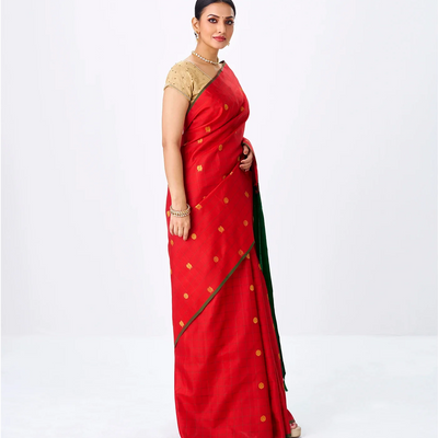 Crimson Handloom Kanchipuram Silk Saree With Annam Buttas & Checks-Crimson