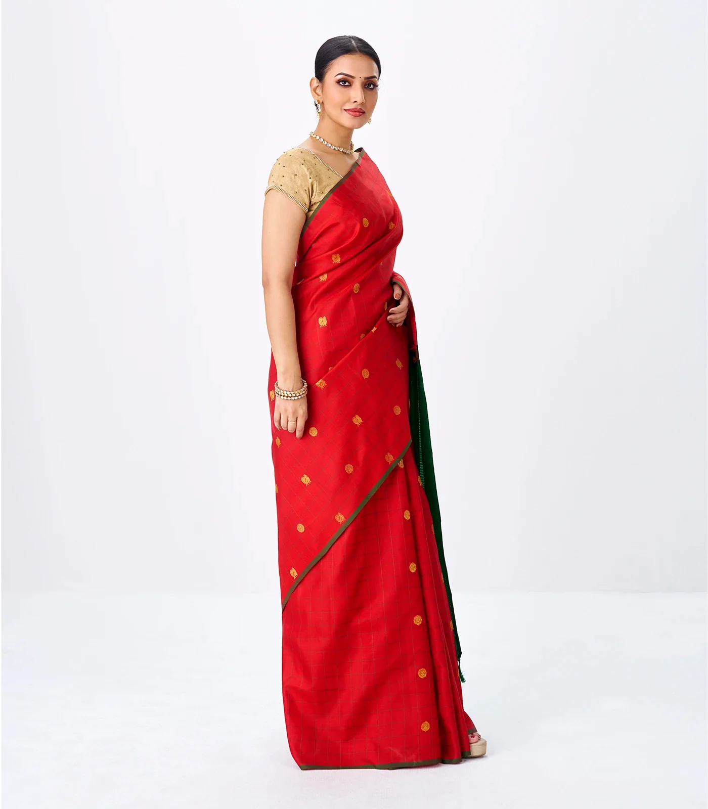 Crimson Handloom Kanchipuram Silk Saree With Annam Buttas & Checks-Crimson