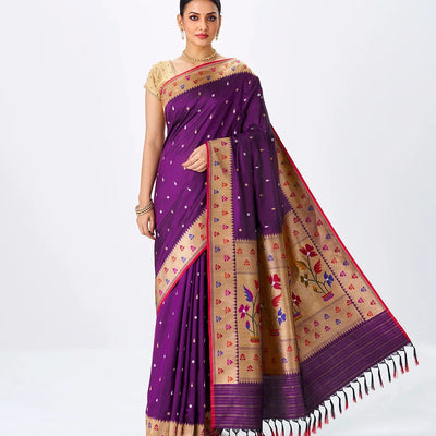Magenta Handwoven Banarasi Silk Saree With Flower Motifs