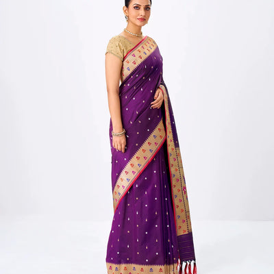 Magenta Handwoven Banarasi Silk Saree With Flower Motifs