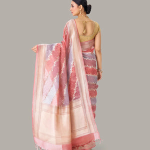 Peach & Grey Banarasi Organza Silk Saree With Floral Motifs