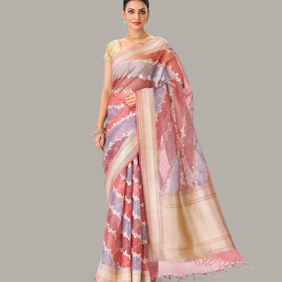 Peach & Grey Banarasi Organza Silk Saree With Floral Motifs