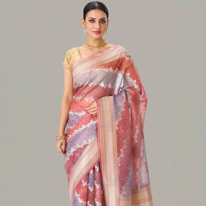 Peach & Grey Banarasi Organza Silk Saree With Floral Motifs