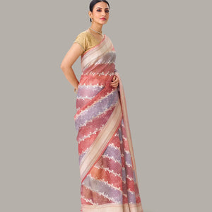 Peach & Grey Banarasi Organza Silk Saree With Floral Motifs