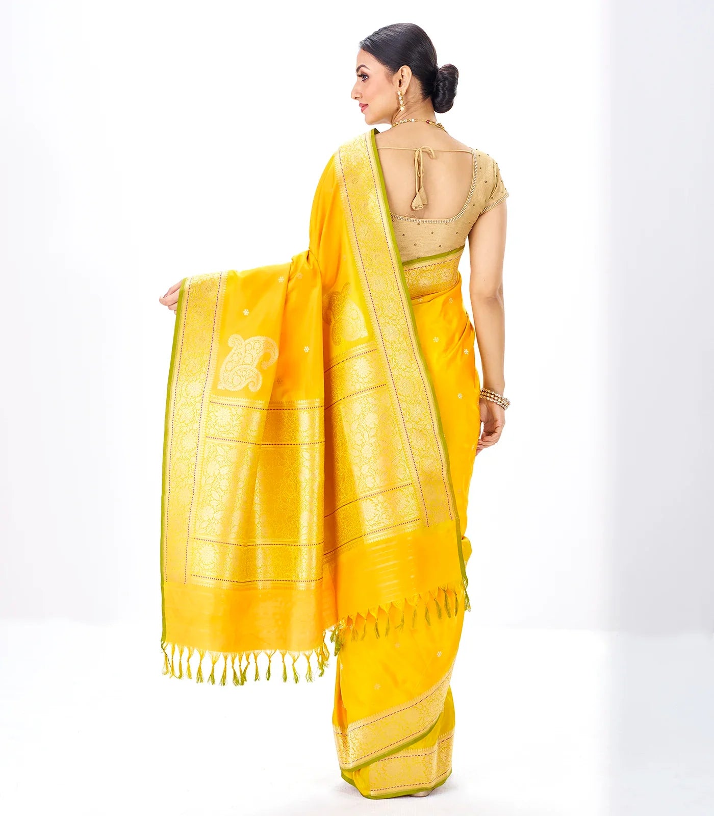 Mustard Handwoven Banarasi Silk Saree With Floral Motifs & Corner Buttas