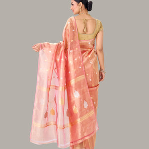 Light Peach Banarasi Organza Tissue Silk Saree With Floral Motifs