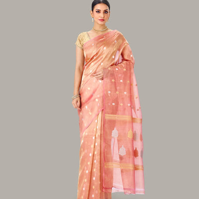 Light Peach Banarasi Organza Tissue Silk Saree With Floral Motifs