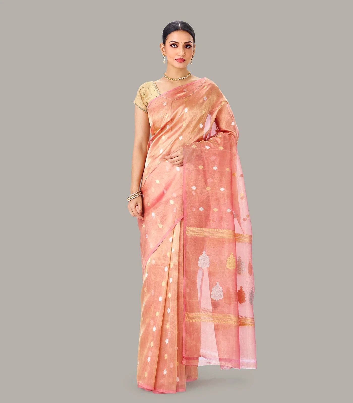 Light Peach Banarasi Organza Tissue Silk Saree With Floral Motifs