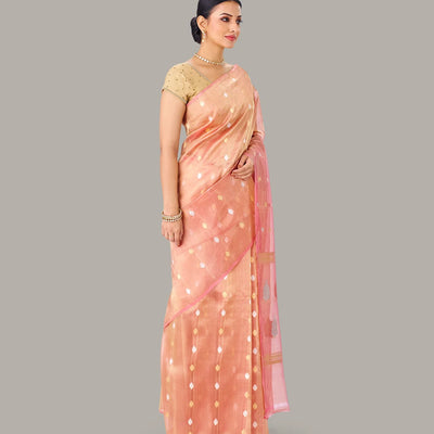 Light Peach Banarasi Organza Tissue Silk Saree With Floral Motifs