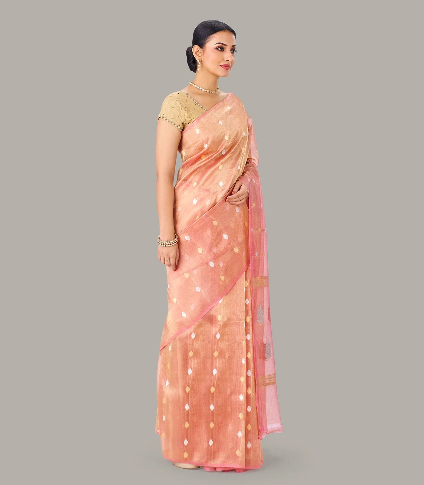 Light Peach Banarasi Organza Tissue Silk Saree With Floral Motifs