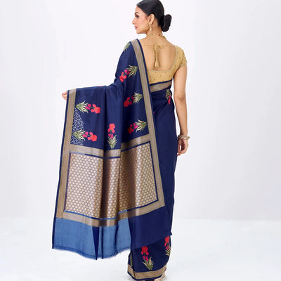 Navy Blue Handwoven Banarasi Silk Saree With Embroidered Floral Motifs