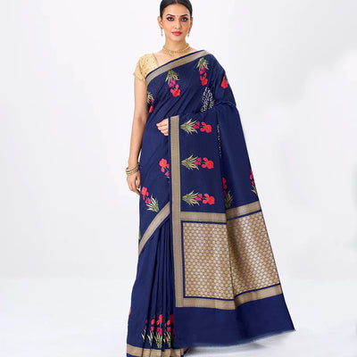 Navy Blue Handwoven Banarasi Silk Saree With Embroidered Floral Motifs