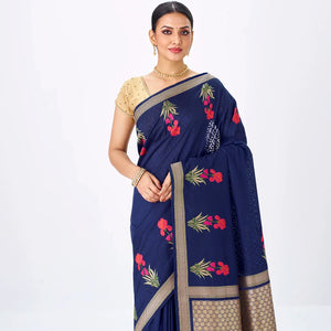 Navy Blue Handwoven Banarasi Silk Saree With Embroidered Floral Motifs