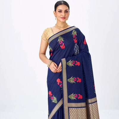 Navy Blue Handwoven Banarasi Silk Saree With Embroidered Floral Motifs