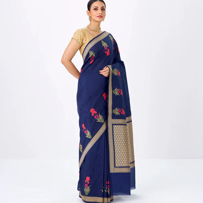 Navy Blue Handwoven Banarasi Silk Saree With Embroidered Floral Motifs