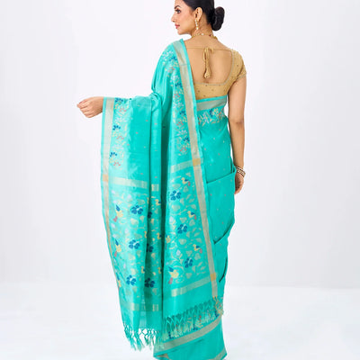 Turquoise Handloom Uppada Silk Saree With Meena Floral Motifs in Border