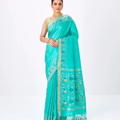 Turquoise Handloom Uppada Silk Saree With Meena Floral Motifs in Border
