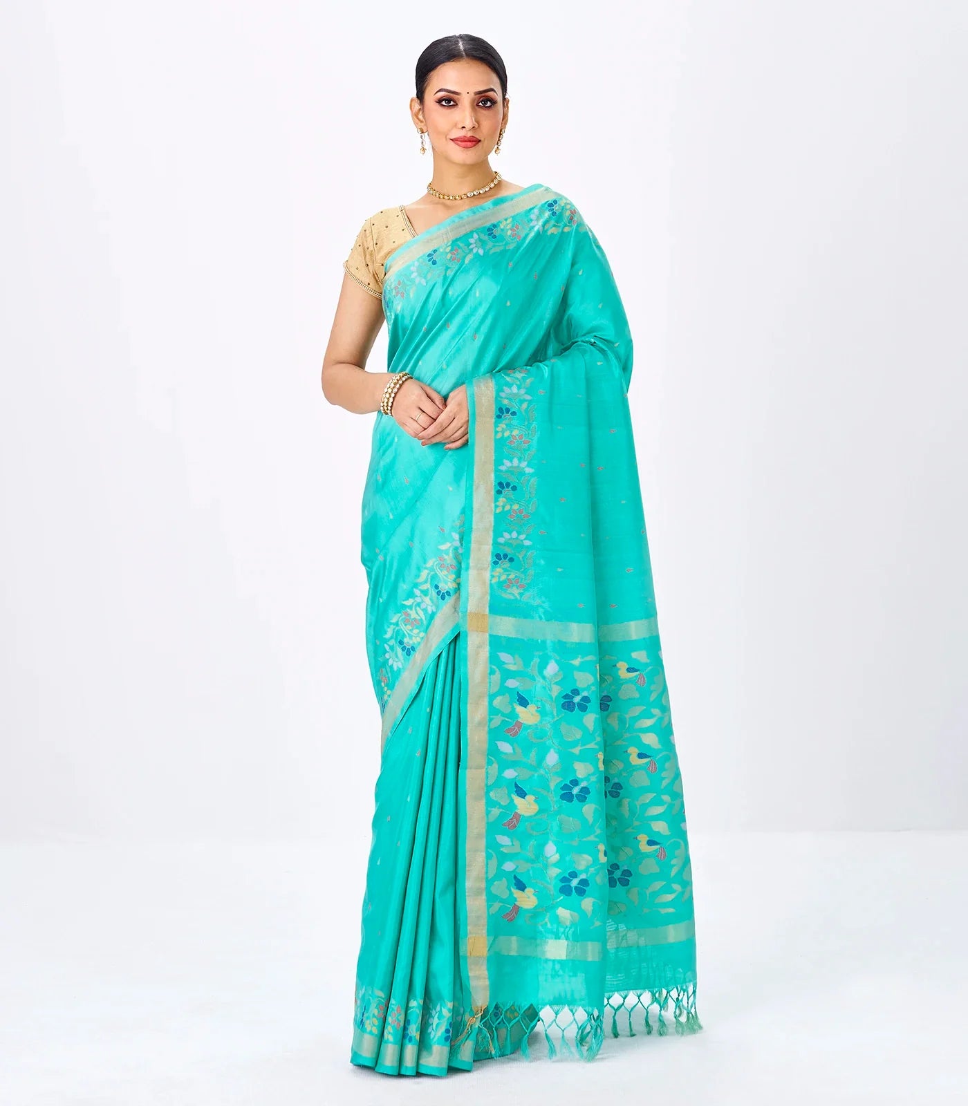 Turquoise Handloom Uppada Silk Saree With Meena Floral Motifs in Border