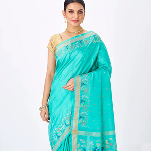 Turquoise Handloom Uppada Silk Saree With Meena Floral Motifs in Border