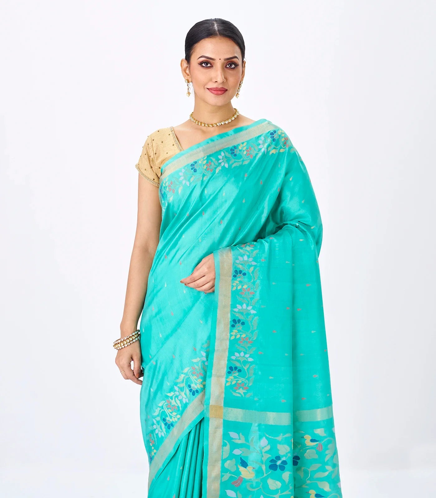 Turquoise Handloom Uppada Silk Saree With Meena Floral Motifs in Border