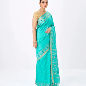Turquoise Handloom Uppada Silk Saree With Meena Floral Motifs in Border