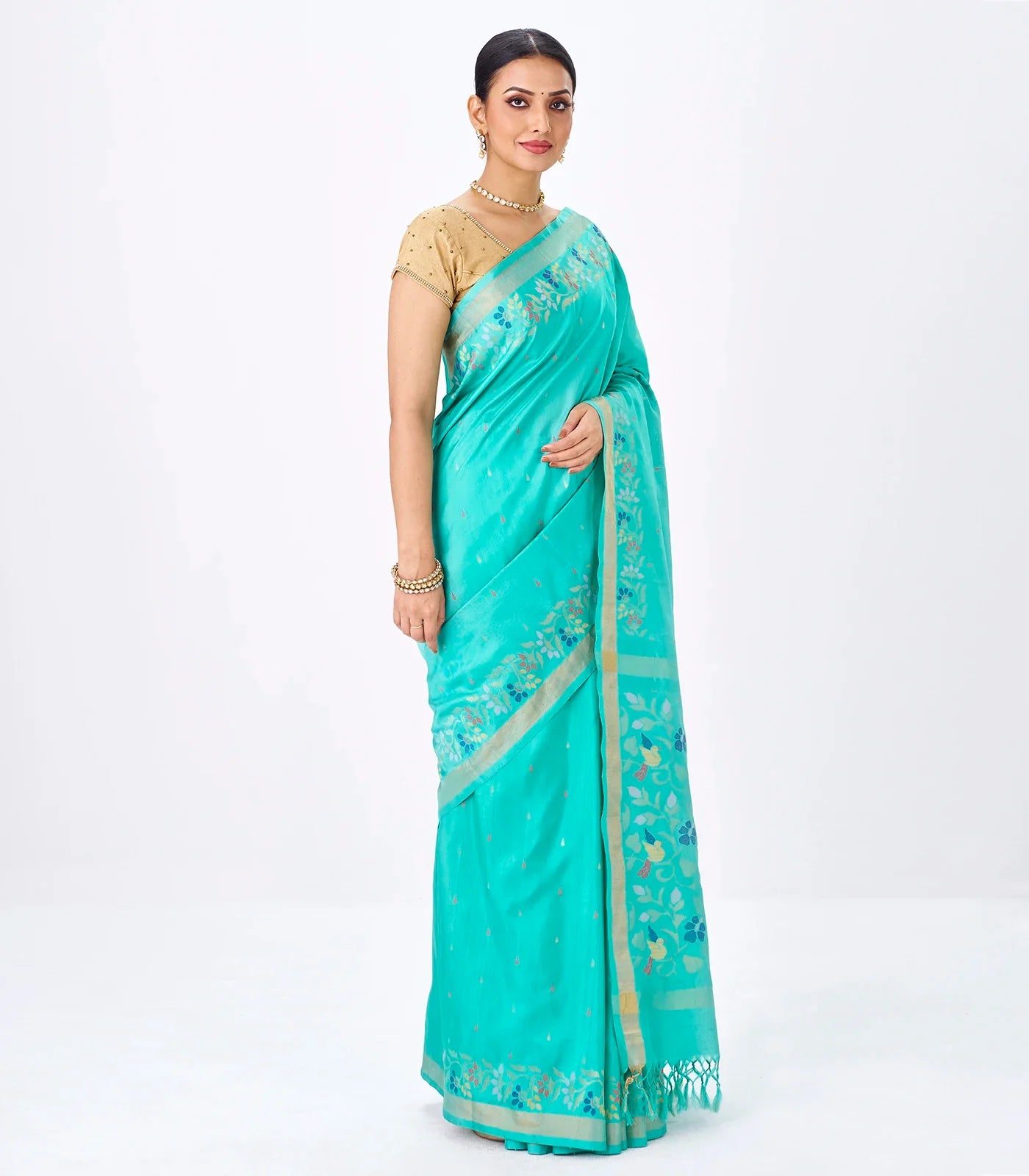 Turquoise Handloom Uppada Silk Saree With Meena Floral Motifs in Border