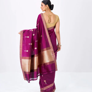 Magenta Handloom Banarasi Silk Saree With Floral Zari Buttas