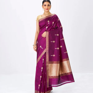 Magenta Handloom Banarasi Silk Saree With Floral Zari Buttas