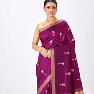 Magenta Handloom Banarasi Silk Saree With Floral Zari Buttas